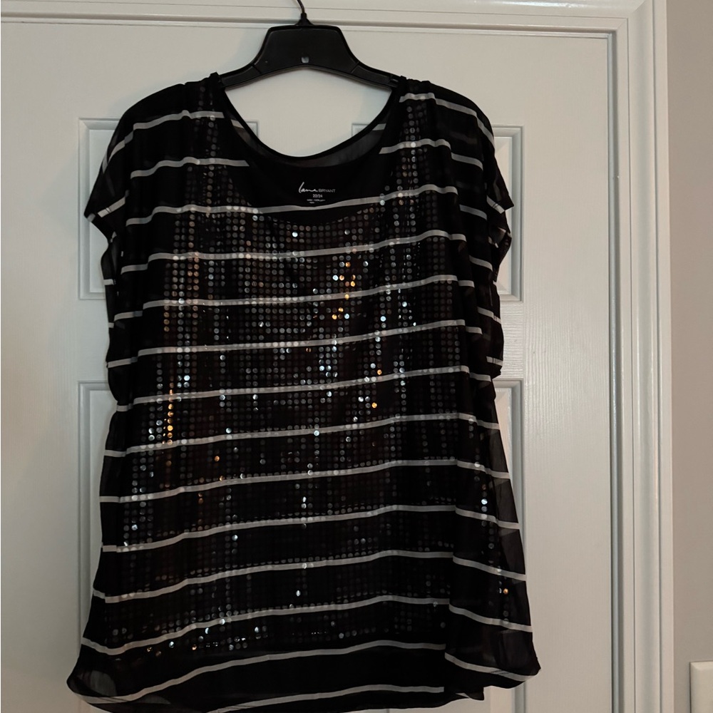 Lane Bryant Black and White Striped Sequin Short Sleeve Blouse